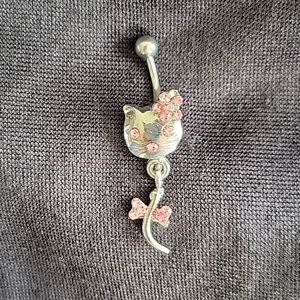 🆕️ Hello Kitty Pink CZ Gems with dangling cat tail with bow belly ring